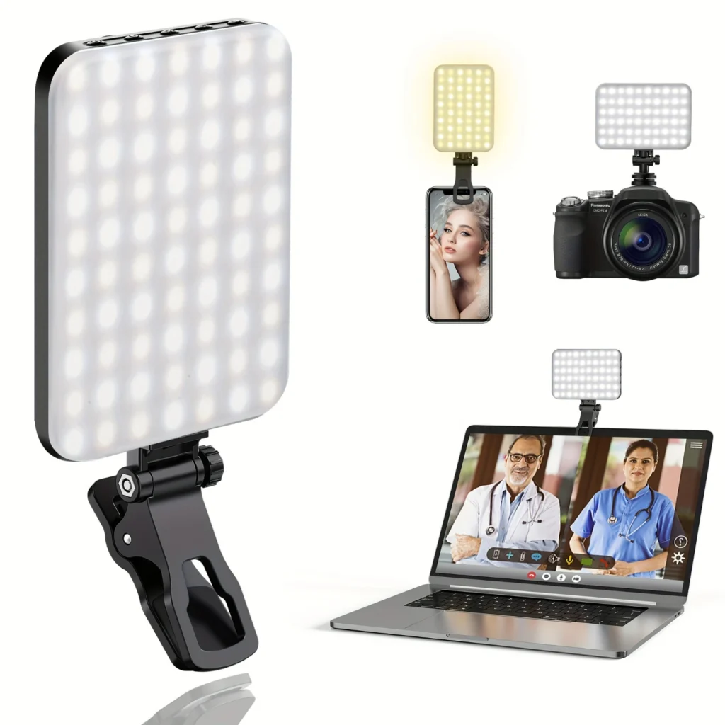 Conveniente y versátil luz selfie portátil de 60 LED con clip y adaptador para trípode de cámara: batería recargable de 2200 mAh, alto C