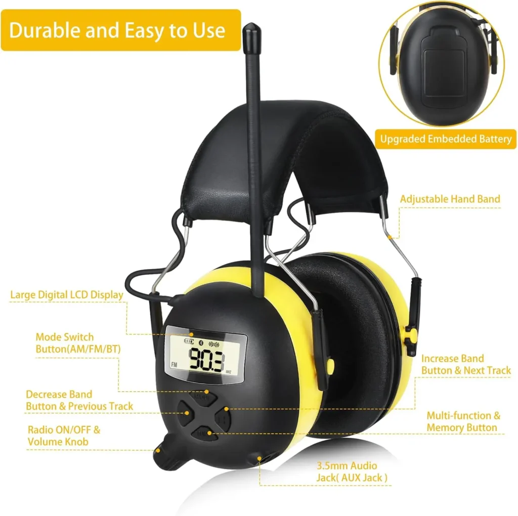 Protección auditiva Bluetooth 5,4 mejorada, auriculares con Radio AM/FM, orejeras de seguridad SNR de 30dB, batería recargable, protección auditiva 