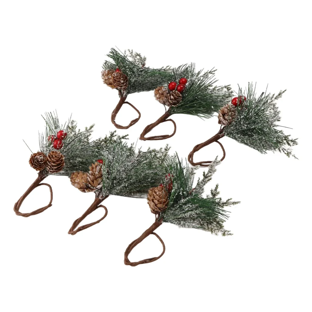 Servilleteros Juego de 6 bayas de aguja de pino Navidad Acción de Gracias vacaciones rústica granja servilleteros