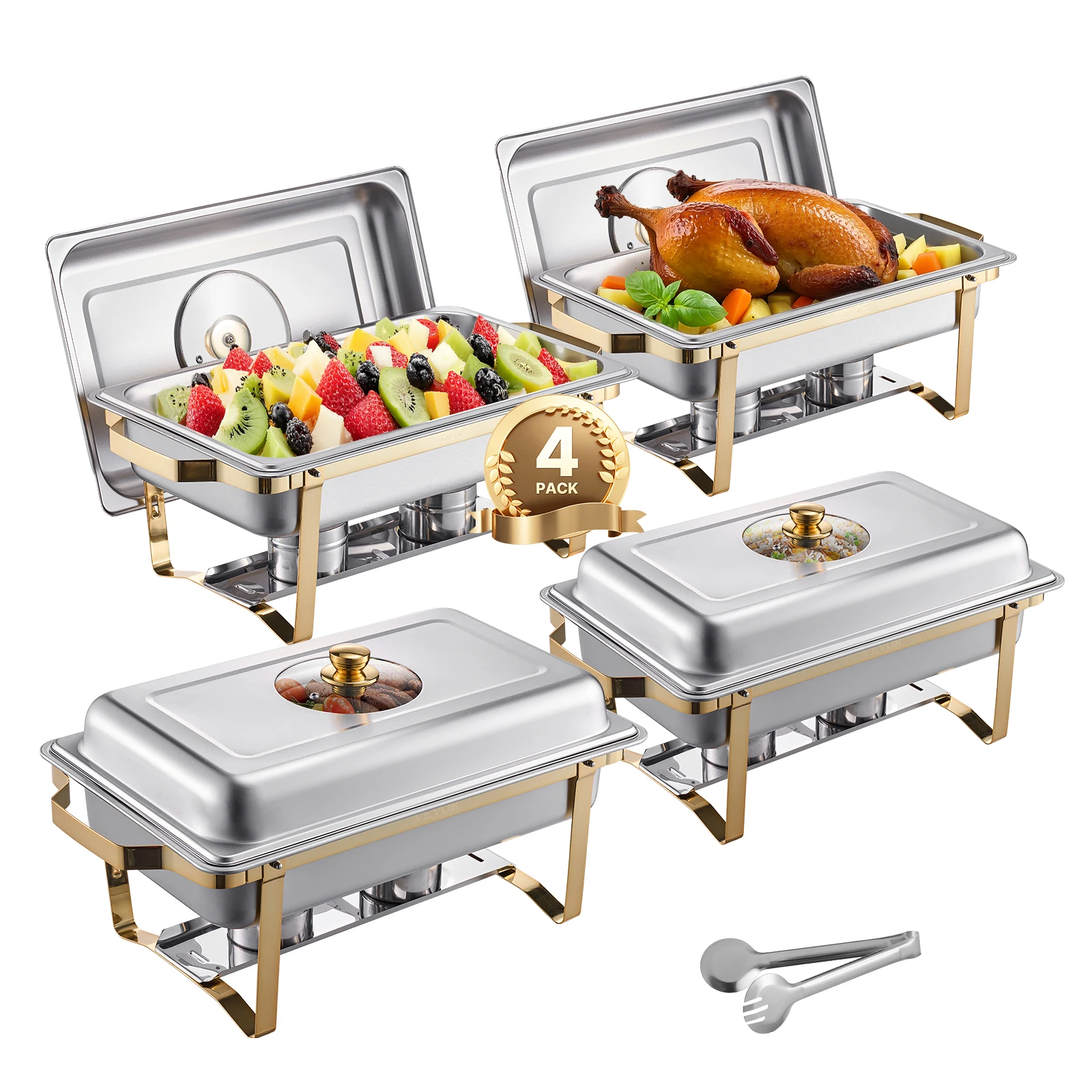 SucceBuy Paquete de 2/4 platos para frotar, juego de Buffet, chafer de acero inoxidable con sartenes de tamaño medio, calentador rectangular para Catering para fiesta y banquete