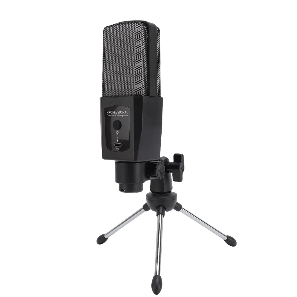 Micrófono condensador para ordenador, micrófono condensador Plug and Play tipo C, luz RGB de silencio rápido ABS con soporte de trípode para transmisión en vivo