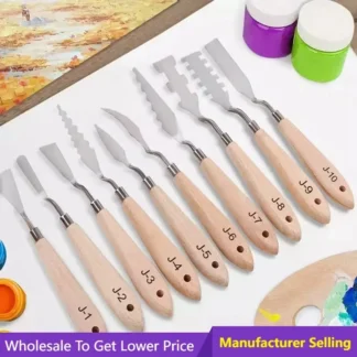 Espátula de acero inoxidable, paleta de cuchillos, herramientas de pintura, cuchillos de Metal, mango de madera para pintura al óleo, herramientas de arte de lienzo acrílico, 10 Uds.