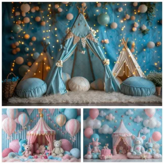 Fondo de fotografía de globos de tienda de campaña de bosque de animales, telón de fondo para retrato de fiesta de cumpleaños de niño y niña, estudio fotográfico Smash de pastel para niños