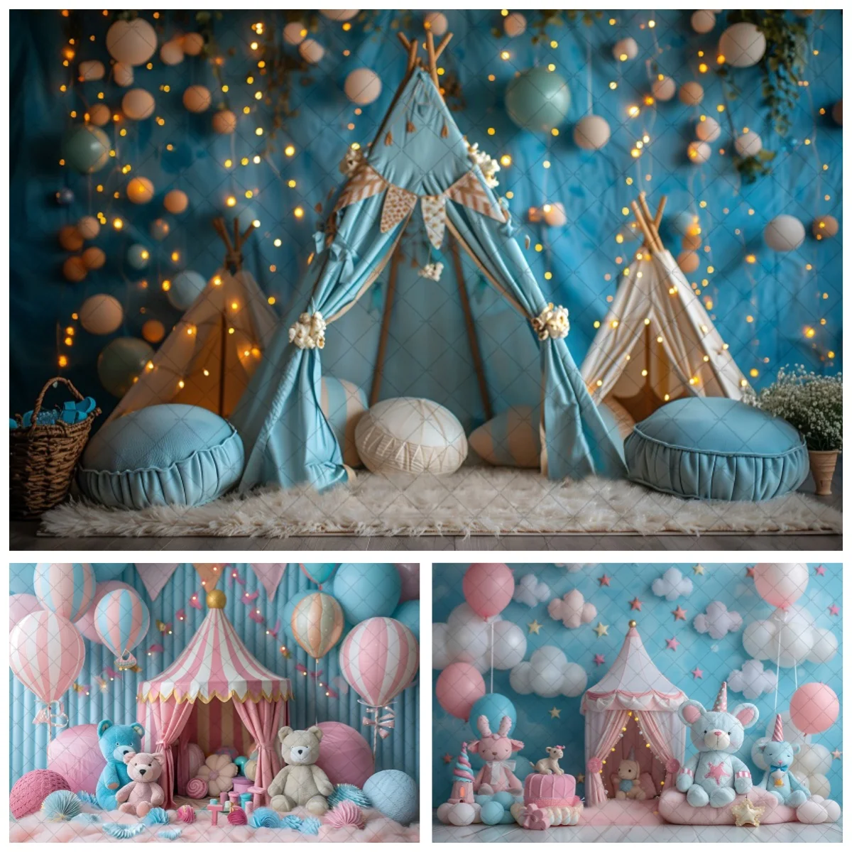 Fondo de fotografía de globos de tienda de campaña de bosque de animales, telón de fondo para retrato de fiesta de cumpleaños de niño y niña, estudio fotográfico Smash de pastel para niños