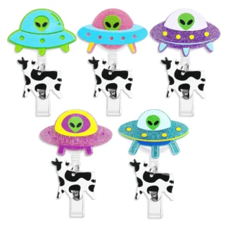 Soporte de insignia de alienígena con purpurina, colgante de vaca bonito, decoración telescópica, hebilla de cocodrilo giratoria, Clip de carrete de insignia para tarjeta de identificación de médico y enfermera