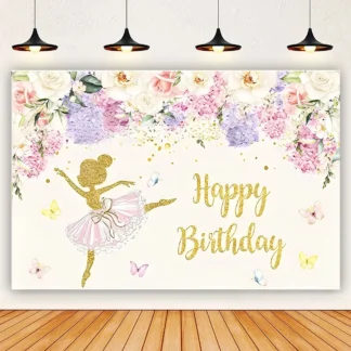 Fondo de fiesta de cumpleaños de princesa bailarina de Ballet, decoración de fiesta de mariposa rosa dorada, accesorios de fondo fotográfico para Baby Shower