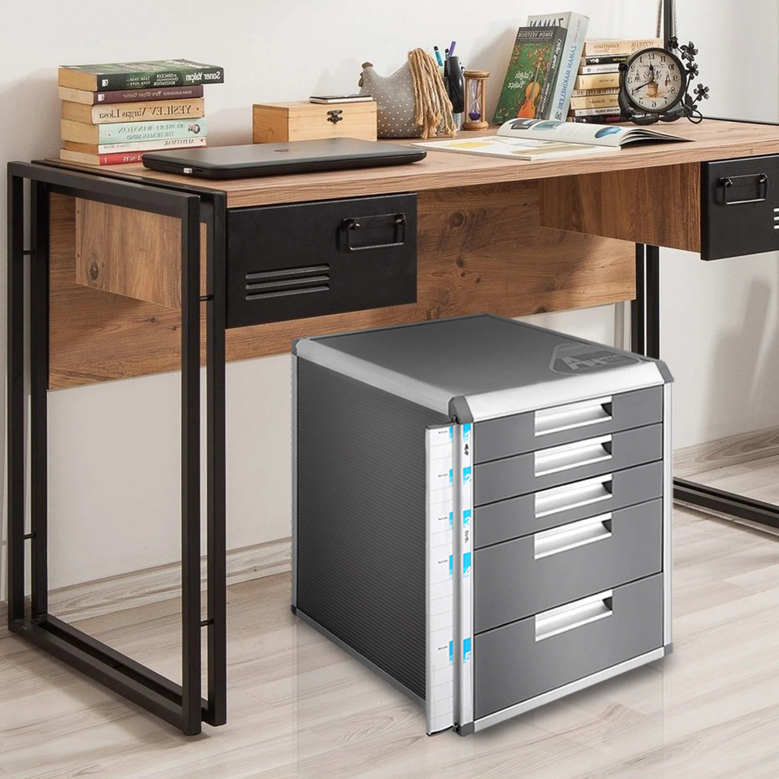 Caja de almacenamiento de documentos con cerradura de 13,78 "x 12,4" x 15,94 ", organizador de archivos de 5 cajones, gabinete de almacenamiento de oficina, construcción de aleación de aluminio y MDF