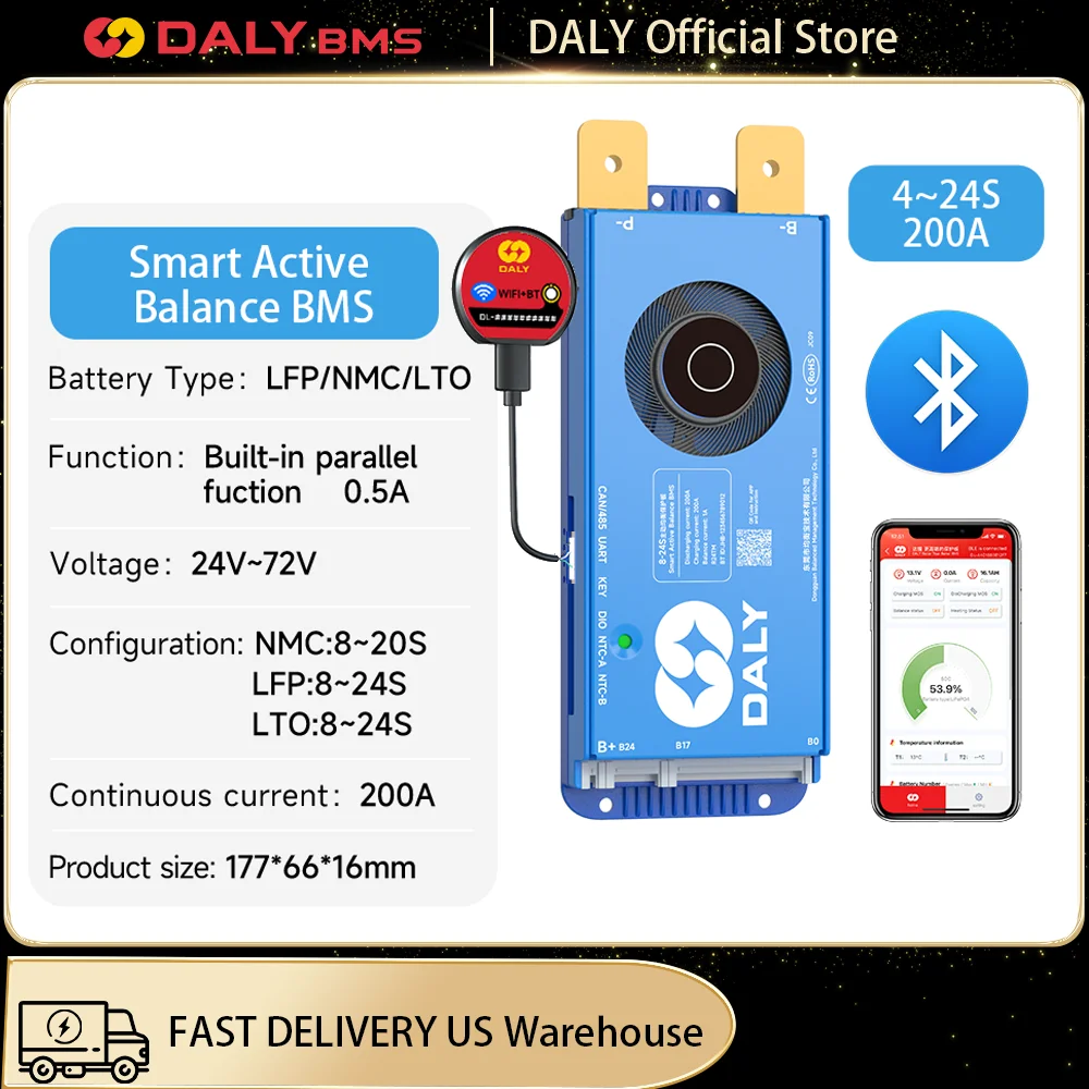 DALY WIFI BMS 200A equilibrio activo 1A 4S 8S-24S integrado en Bluetooth equilibrio de celda placa de protección de batería PCB inteligente