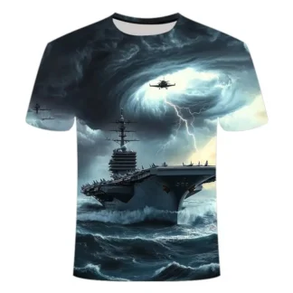 Nuevo patrón de portaaviones de gama alta impreso adelgazante casual cuello redondo de manga corta niños camiseta camisas de hombre camisetas de mujer