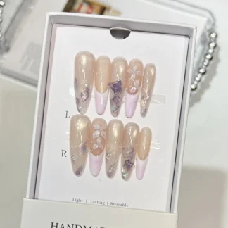 10 Uds. De uñas postizas suaves y largas de almendra hechas a mano, estilo chino, lavado de tinta, mariposa, flor, prensa en uñas, ojo de gato, uñas postizas francesas