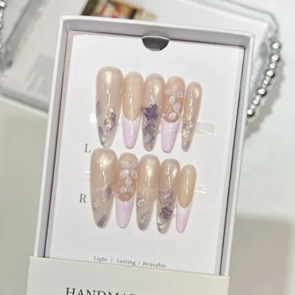 10 Uds. De uñas postizas suaves y largas de almendra hechas a mano, estilo chino, lavado de tinta, mariposa, flor, prensa en uñas, ojo de gato, uñas postizas francesas