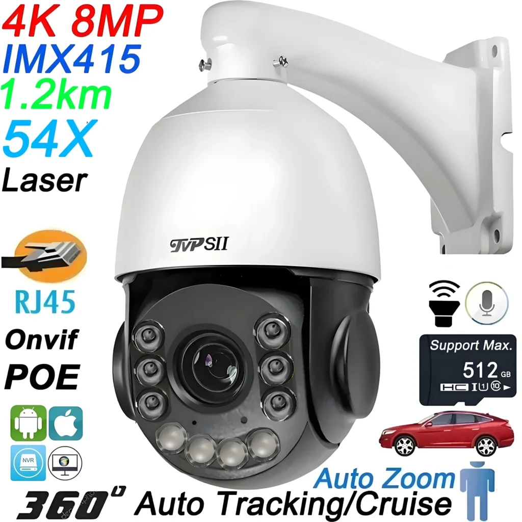 Zoom óptico 360 del crucero 8MP 4K 54X del seguimiento automático elegante del metal infrarrojo del laser H.265+ ° Cámara IP POE con domo de velocidad PTZ ONVIF de audio