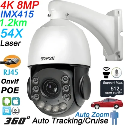 Zoom óptico 360 del crucero 8MP 4K 54X del seguimiento automático elegante del metal infrarrojo del laser H.265+ ° Cámara IP POE con domo de velocidad PTZ ONVIF de audio