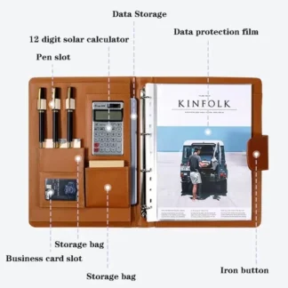 Maletín de piel A4Pu equipado con calculadora y portalápices versión profesional Maletín de 4 anillas adecuado para varios lugares