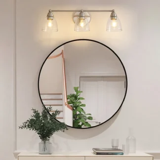 Lámpara de tocador de baño moderna de níquel cepillado de 3 luces con pantalla de vidrio transparente, apliques de pared E26 sobre espejo para sala de estar y dormitorio