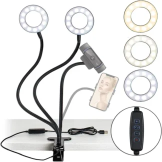 Anillo de luz para selfies doble de 3,5 pulgadas con soporte para teléfono móvil y cámara web Modos de 3 luces 10 niveles de brillo para transmisión de vídeos en vivo