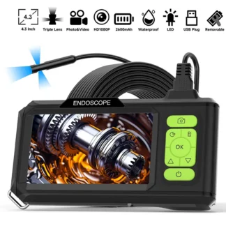 Endoscopio de pantalla IPS de 4,3 pulgadas, cámara de vídeo con enfoque automático, boroscopio de inspección de tuberías de coche, lente Triple doble individual, sonda USB 1080P con LED