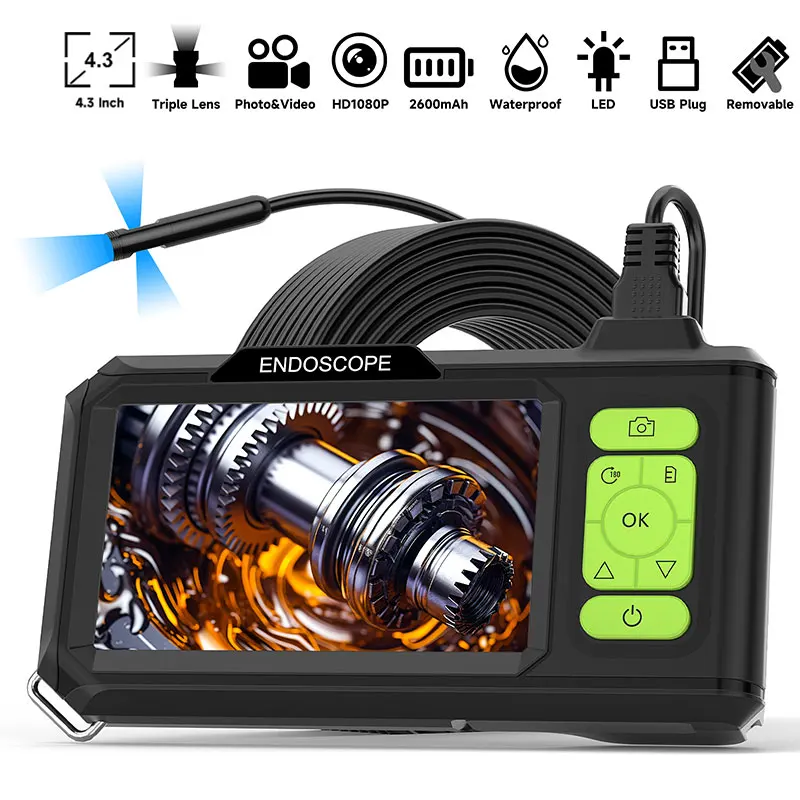 Endoscopio de pantalla IPS de 4,3 pulgadas, cámara de vídeo con enfoque automático, boroscopio de inspección de tuberías de coche, lente Triple doble individual, sonda USB 1080P con LED