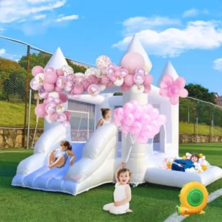 Casa inflable de rebote blanca para niños pequeños, castillo inflable blanco de 9 pies con tobogán, castillo inflable divertido para saltar para 24 piezas de cumpleaños para niños pequeños