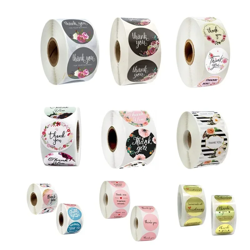 500 piezas de pegatinas de sellado en rollo de 1 pulgada, gracias, papel de etiqueta de color de flor hecho a mano, embalaje DIY de 25mm