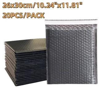 20 piezas, 26x30cm, grande, negro, autosellado, burbuja, sobre acolchado resistente a impactos para registros de música, protección de portfolios artísticos