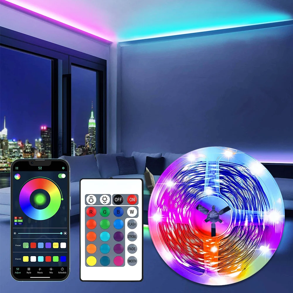 Juego de tiras de luz 5050RGB con Control remoto de 24 teclas y Control por aplicación, más opciones de Color para dormitorio, sala de estar, etc.