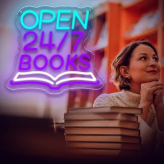 Letrero de neón LED abierto para 24/7 libros, luz de lectura regulable alimentada por USB para librería, biblioteca, decoración de café, regalo para amantes de los libros