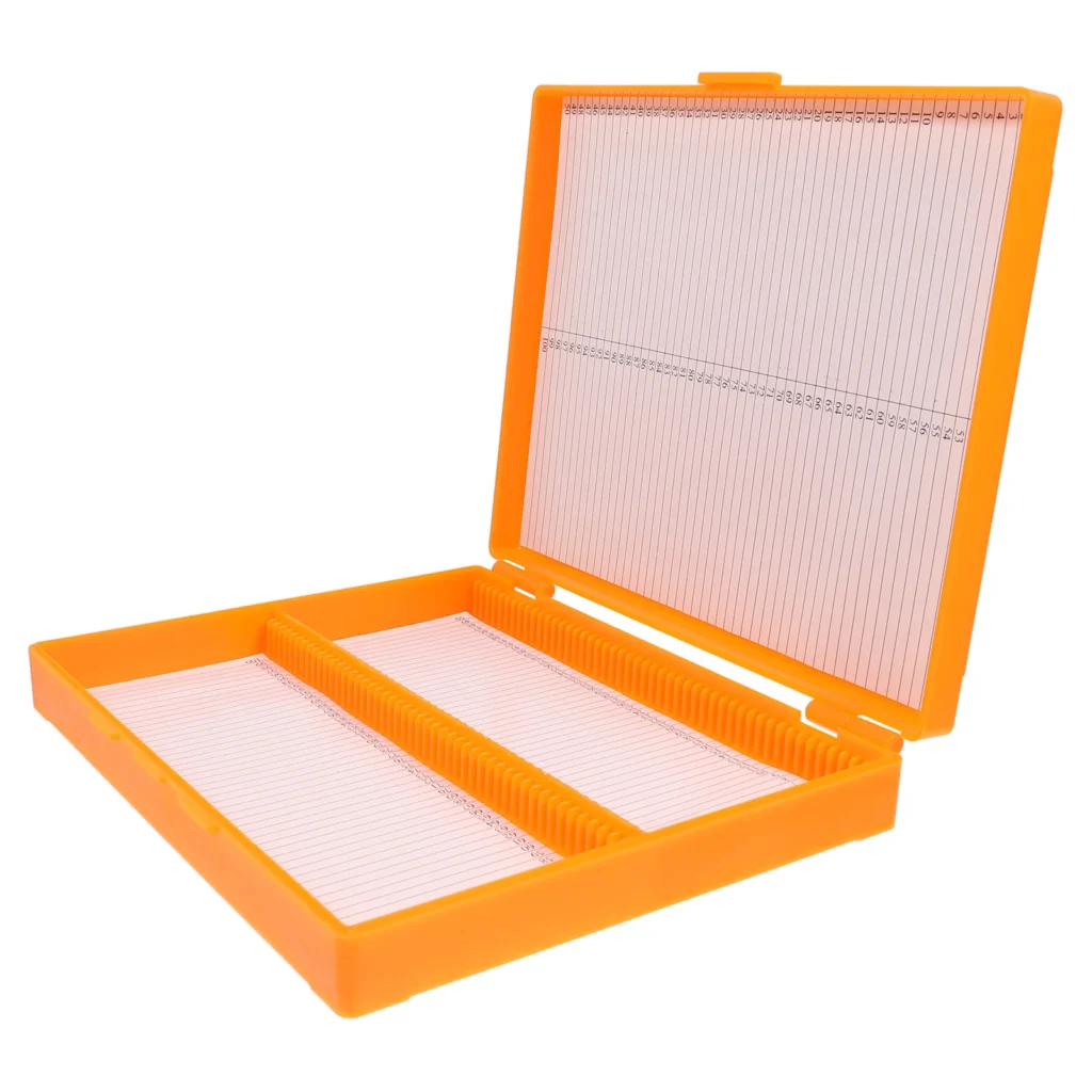 Cajas de portaobjetos de patología de plástico, gran capacidad, capacidad con 100 portaobjetos con tapa transparente, almacenamiento de portaobjetos de microscopio para aula de laboratorio