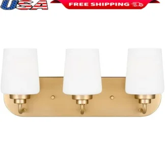 Accesorio de tocador de 3 luces de latón satinado con vidrio blanco grabado, decoración de iluminación de baño moderna, Base A19, diseño de vidrio de latón