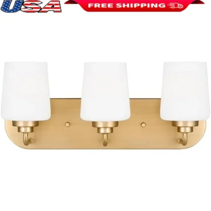 Accesorio de tocador de 3 luces de latón satinado con vidrio blanco grabado, decoración de iluminación de baño moderna, Base A19, diseño de vidrio de latón