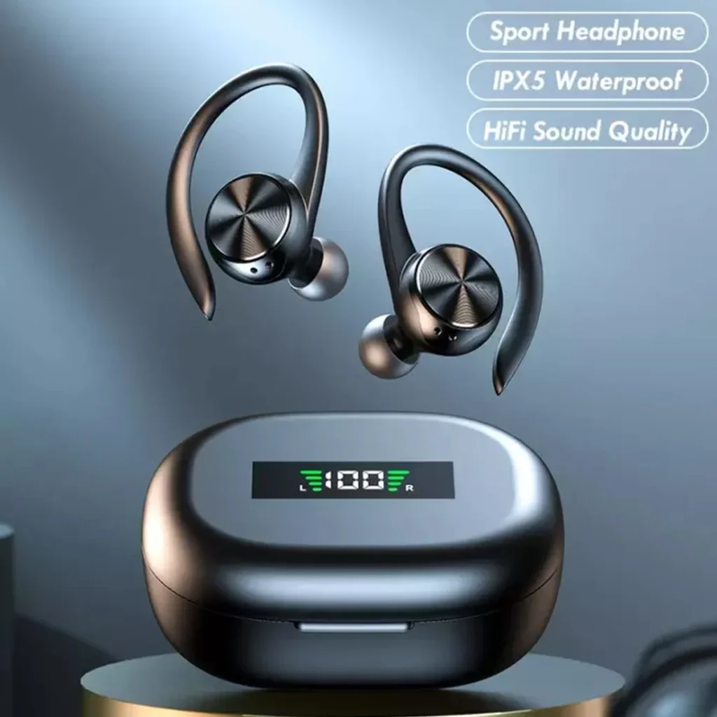 Auriculares deportivos inalámbricos Bluetooth 5,0, auriculares IPX5 con estuche de carga de 500mAh, ganchos para las orejas, auriculares inalámbricos intrauditivos HiFi 3D