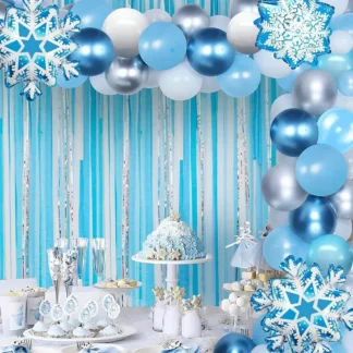 Kit de guirnaldas de globos de copo de nieve, 126 piezas para eventos de invierno, fiestas de cumpleaños y decoraciones para fiestas de invierno en el país de las maravillas en interiores/exteriores