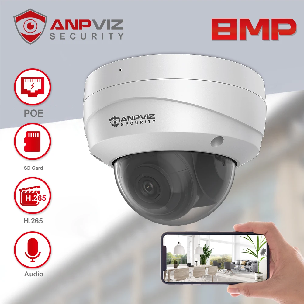 Anpviz-cámara de seguridad IP POE para exteriores, videocámara domo de 8MP con rango IR de 30m, videovigilancia CCTV, IP67, almacenamiento máximo de 256GB, H.265, micrófono incorporado