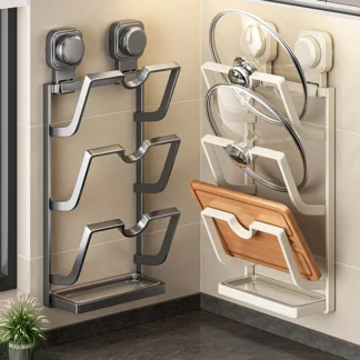 Estante con tapa de olla con ventosa, organizador de cocina sin taladro montado en la pared, soporte para tabla de cortar, duradero, ahorra espacio, fácil de instalar