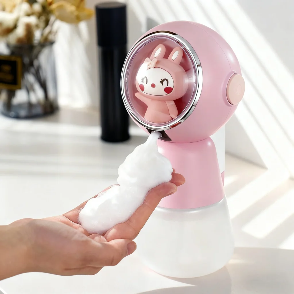 Dispensador automático de desinfectante de manos de dibujos animados para niños, dispensador de jabón recargable, botella de champú para lavado corporal con luz de respiración de 3 colores