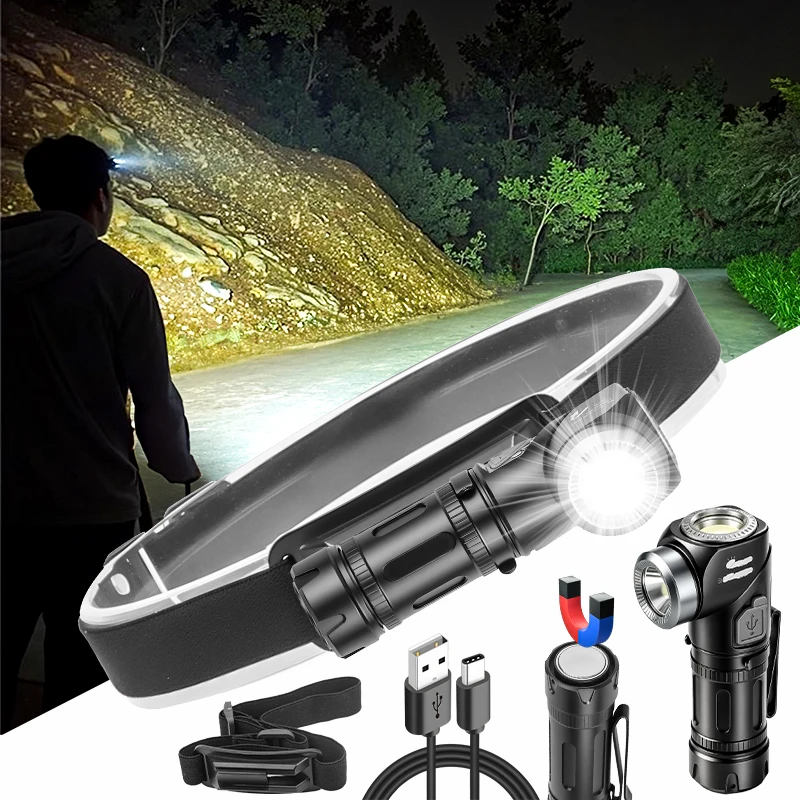 Linterna de cabeza impermeable LED COB de aleación de aluminio tipo C recargable 90 ° Antorcha de camping portátil con cola magnética ajustable