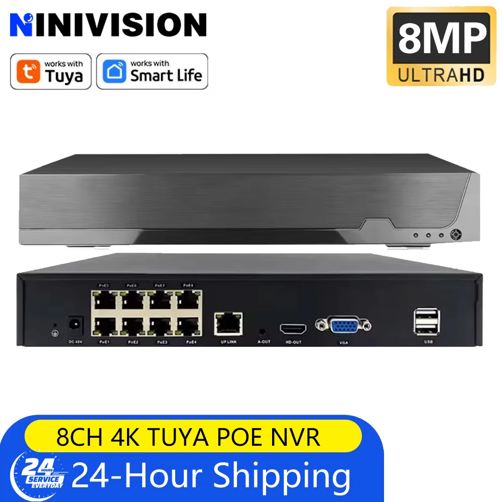 Tuya Smartlife grabadora de seguridad de 8 canales POE NVR 4K 8CH grabadora de vídeo de vigilancia cámara de seguridad detección humana registro 24/7