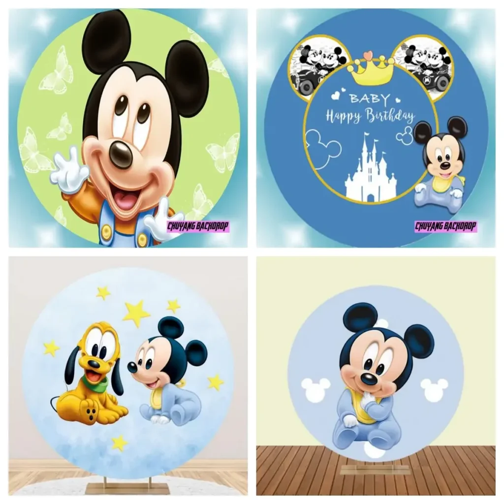 Disney Cute Mickey Mouse cubierta de fondo de fotografía redonda para niños, decoraciones de fiesta de cumpleaños, arco de círculo de dibujos animados, Fondo de foto