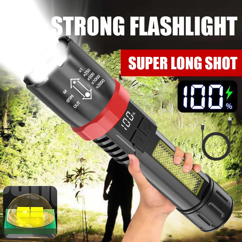 Linterna Led de alta potencia, focos tácticos de emergencia, Zoom telescópico, batería integrada, recargable por USB, linterna Digital para acampar