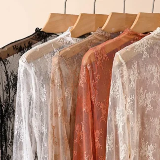 Camiseta transparente de malla de moda, camisas florales de encaje hueco de manga larga, camisetas transparentes, camisetas transparentes para mujer