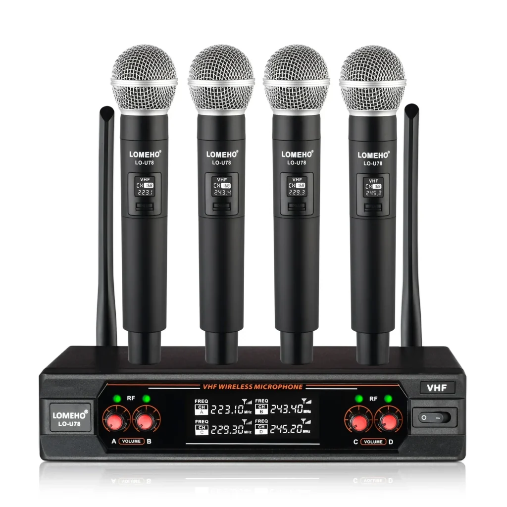 LOMEHO 4 VHF micrófono inalámbrico de mano 30m micrófono inalámbrico dinámico sistema de Karaoke habitación hogar KTV boda Iglesia fiesta LO-U78