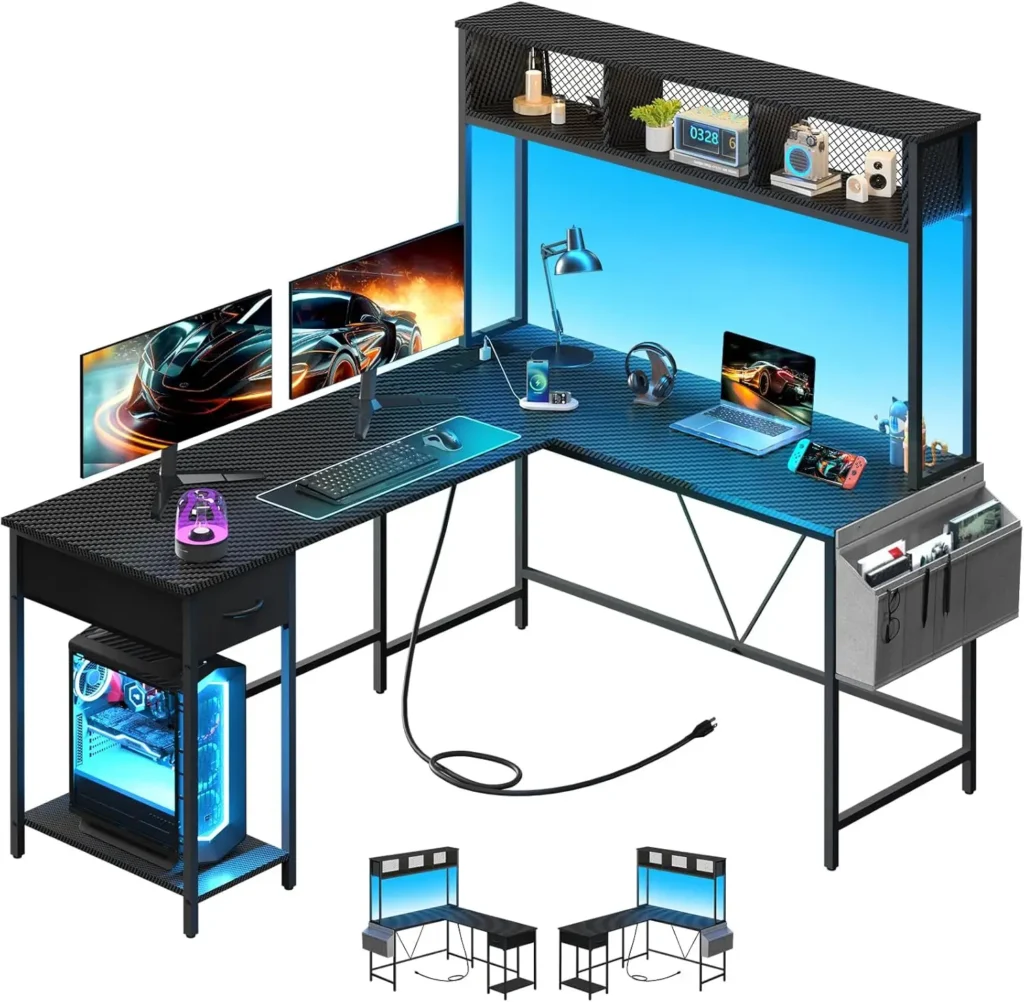 Escritorio para juegos en forma de L con tira LED y toma de corriente, escritorio para computadora reversible en forma de L con cajón, escritorio esquinero con almacenamiento