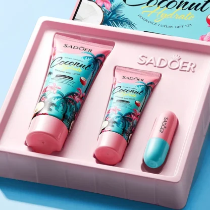 Set de regalo de lujo hidratante de coco, loción corporal, crema de manos, bálsamo labial, cuidado con fragancia