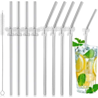 Paquete de 8 pajitas de Metal reutilizables de acero inoxidable de 8 ", 4 pajitas rectas + 4 pajitas de Metal dobladas para bebidas y burbujas con mantequilla