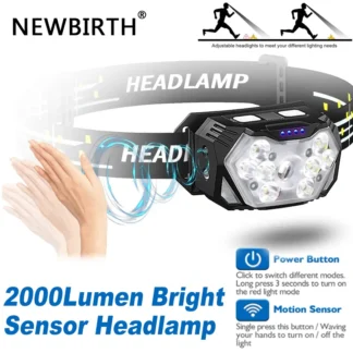 Linterna frontal con Sensor de 9 LED brillante de 2000LM, linternas de cabeza impermeables recargables, antorcha para acampar, trabajo al aire libre, iluminación manos libres