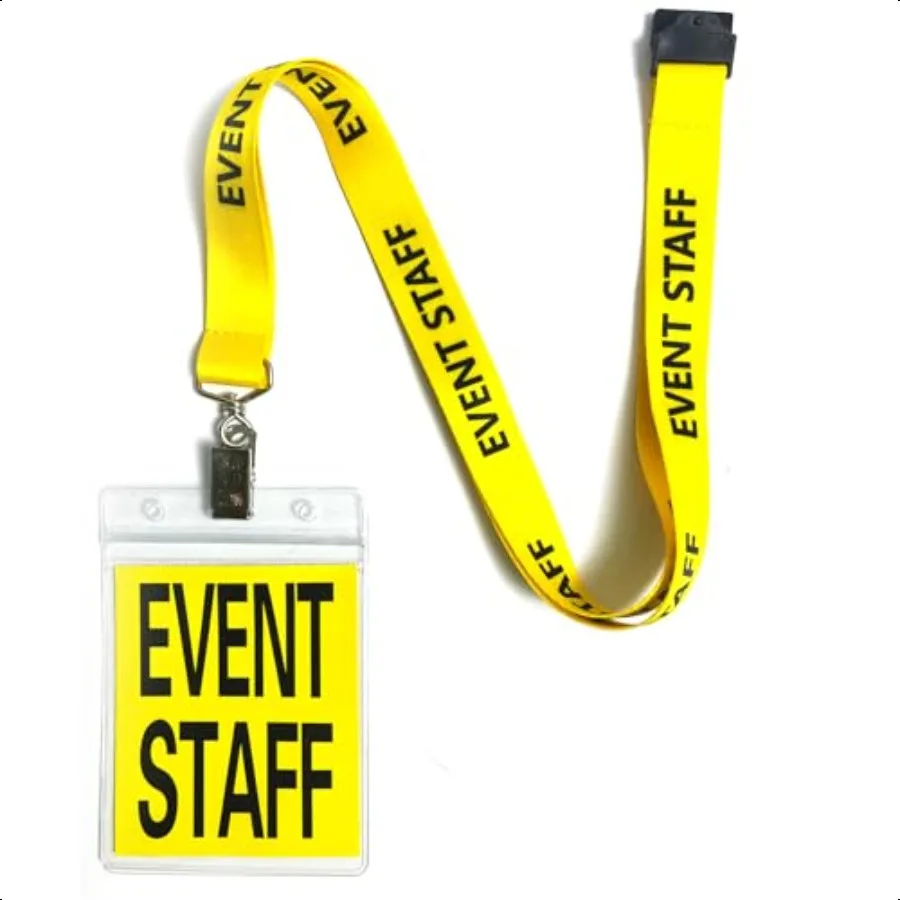 Juego de 25 cordones amarillos para personal de eventos con tarjetero de plástico y cordón para eventos identiciable con tarjeta de paso, cordón desmontable amarillo para