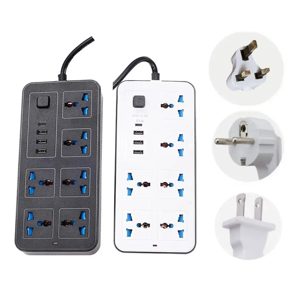 Regleta de alimentación con cable de extensión de 2m, toma de corriente Universal, toma de corriente con puerto USB tipo C de CA, toma de carga, enchufe europeo, estadounidense y británico