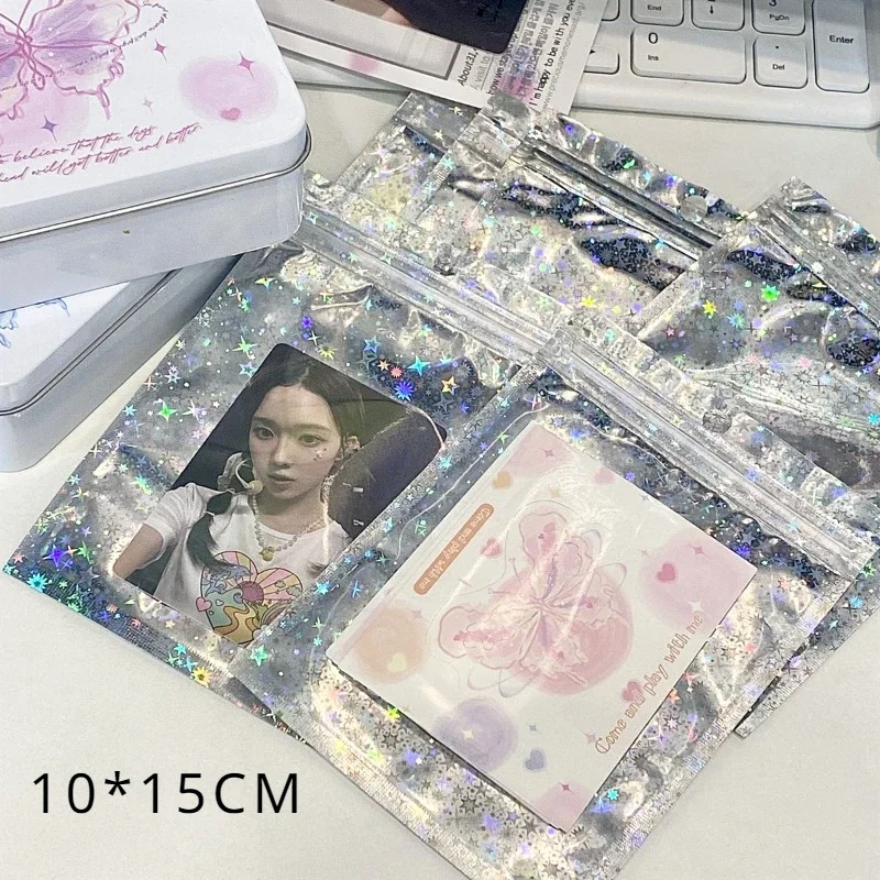 Bolsa Ziplock láser de estrella brillante coreana, Kpop, tarjeta fotográfica de 3 pulgadas, Material de embalaje DIY, regalo para chica Kawaii, bolsa de almacenamiento de joyería, 10 Uds.