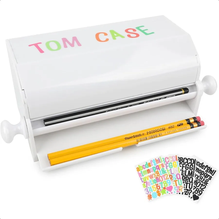 Dispensador de lápices para aula con 4 hojas de pegatinas, soporte de lápices con perilla rodante acrílica para escritorio, caja de almacenamiento de lápices para oficina U