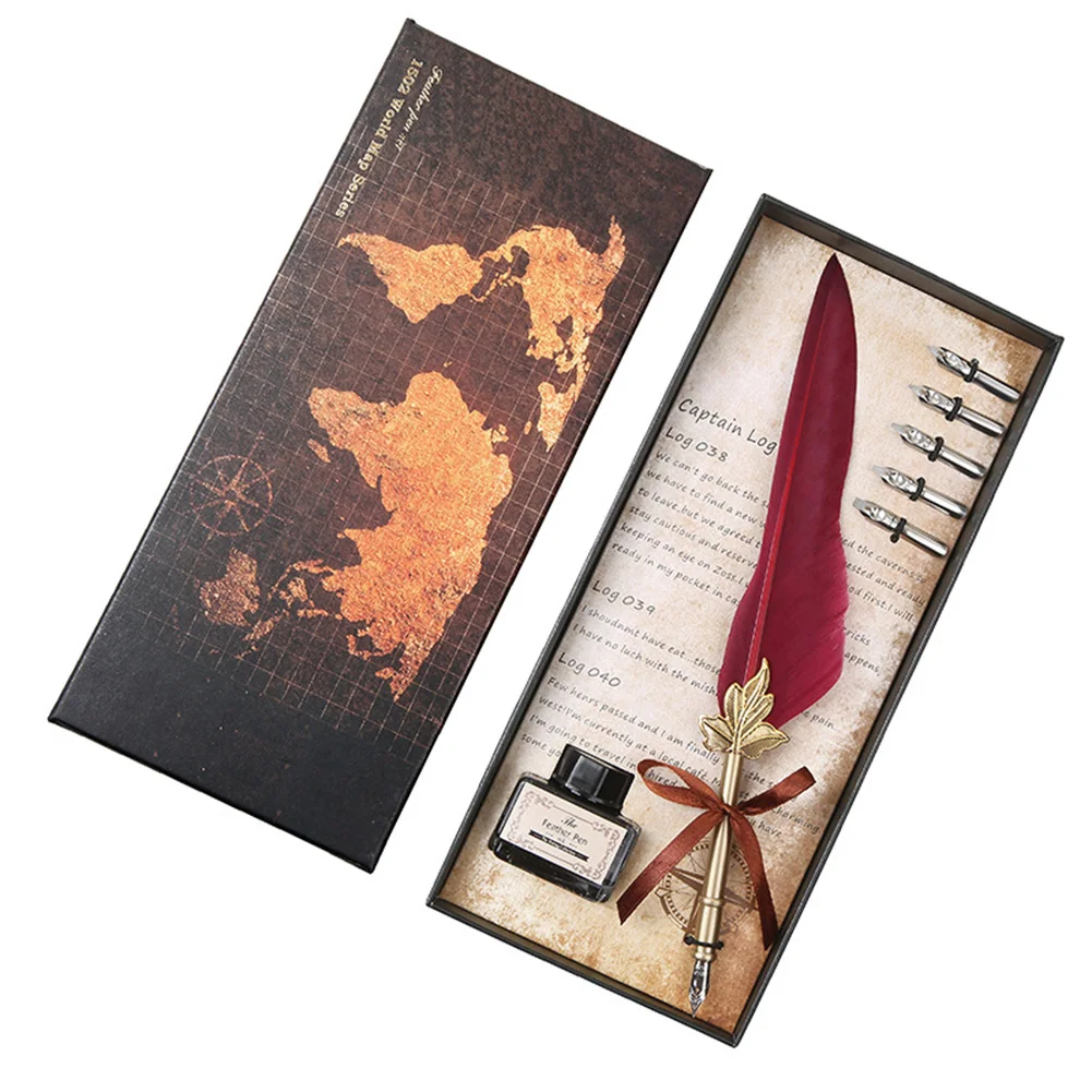 Bolígrafo de tinta de inmersión de plumas Vintage, portalápices de cobre con 5 puntas, bolígrafo de caligrafía antiguo, artículos decorativos para regalo de cumpleaños y Navidad